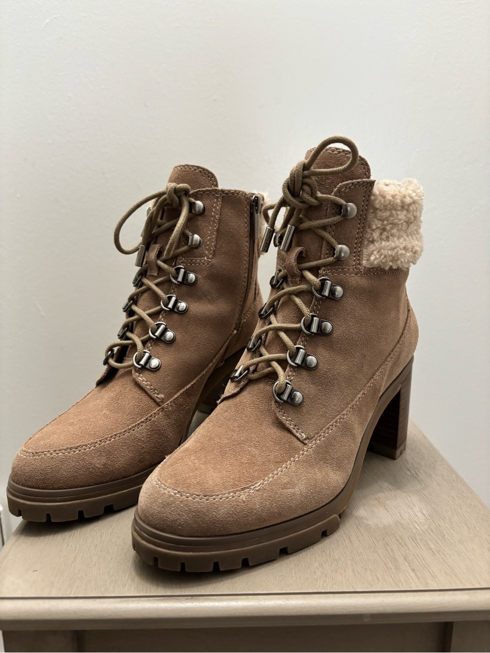Vince Camuto Donenta Boots - Tan Suede Lace-Up Shearling Cuff Heeled